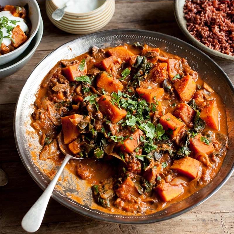  Sweet potato and peanut stew with mushrooms spinach and red rice